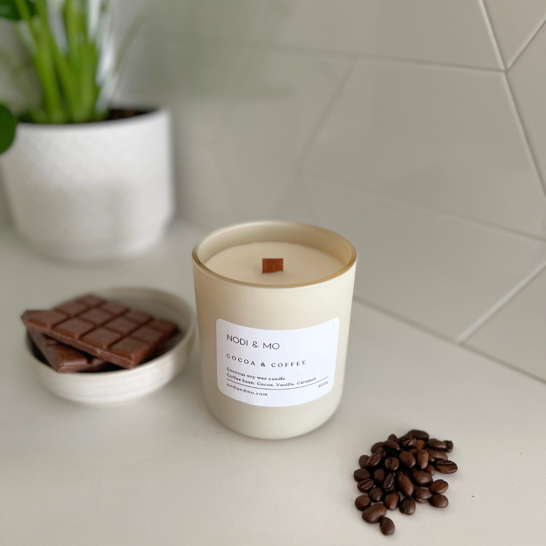 Coconut soy candle infused with cocoa & coffee essential oil.